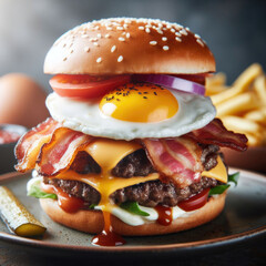 A burger with an egg and bacon from the fast food restaurant.