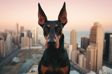 funny doberman pinscher being in front of a city skyline in front of a pastel or soft colors...