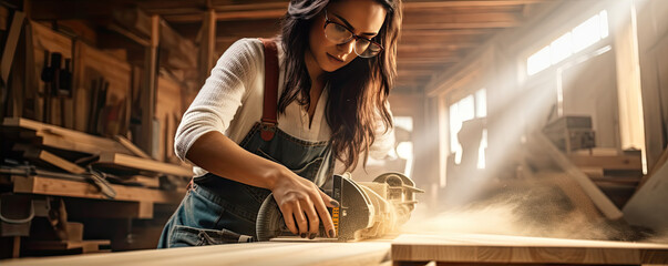 Woman carpenter using electric tool for cutting wood. woman work with construction tools.