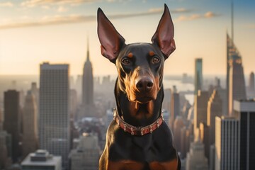 funny doberman pinscher being in front of a city skyline isolated in a pastel or soft colors background