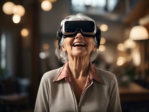Image of an elderly woman wearing a VR headset, expressing wonder and joy, showcasing the excitement of technology and innovation in later life