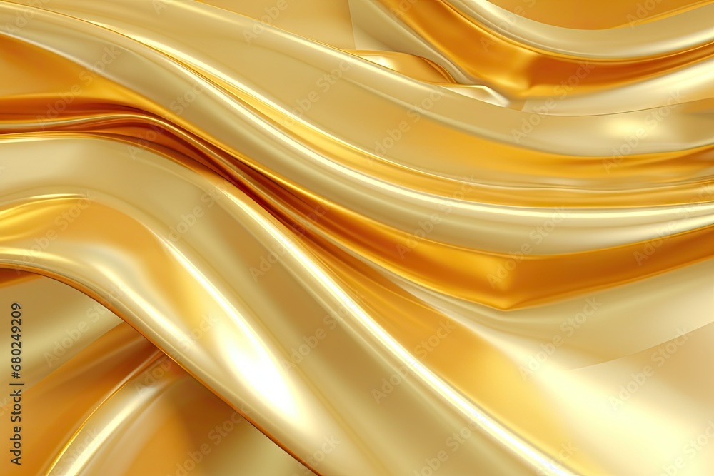 Poster a close up view of a gold satin fabric with a wavy design on the top of it and bottom of the image.