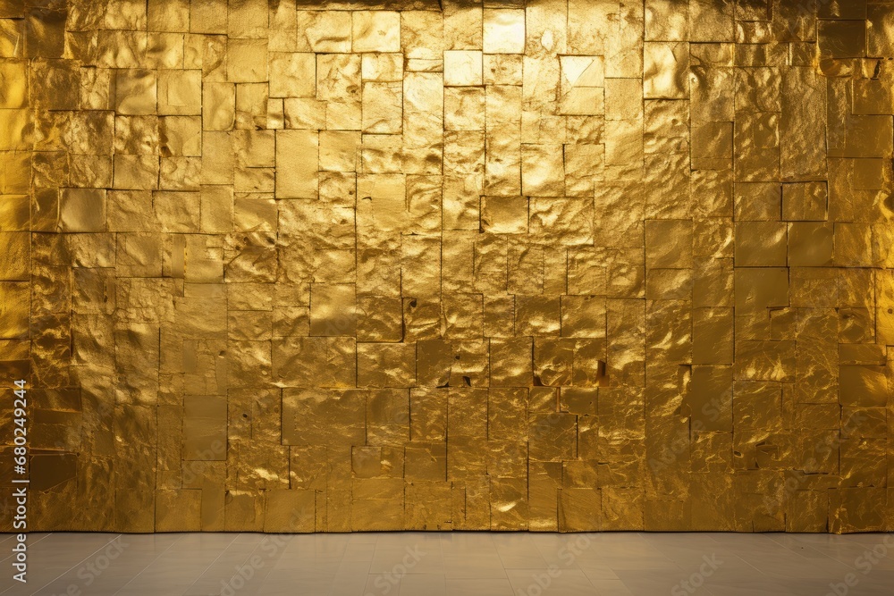Poster a gold wall with a white floor in front of it and a white floor in front of it and a white floor in 
