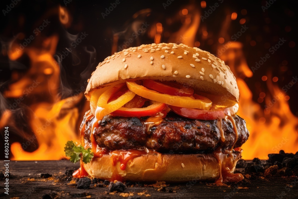 Poster  a hamburger with a lot of toppings sitting on a table in front of a fire with flames in the background.