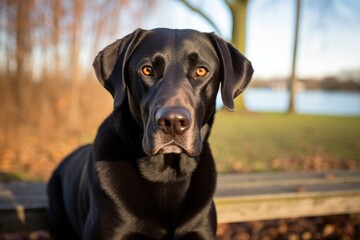 curious labrador retriever sitting on a bench while standing against local parks and playgrounds...