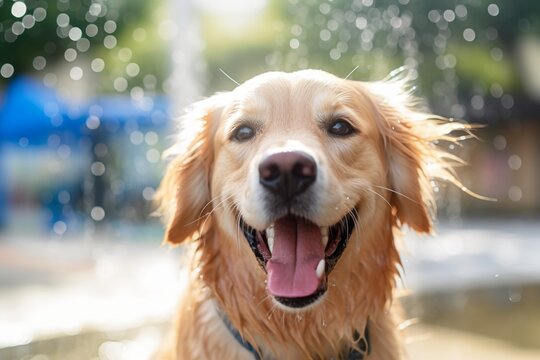 cute golden retriever being at a car wash in local parks and playgrounds background