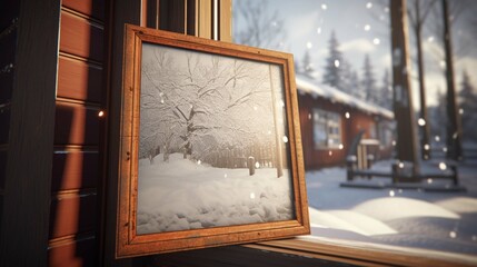 Close up of a wooden portrait picture frame on a windowsill , snow outside - obrazy, fototapety, plakaty