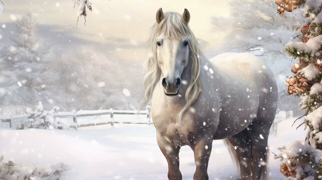  Christmas horse in snow Beautiful whimsical winter landscape © Amal