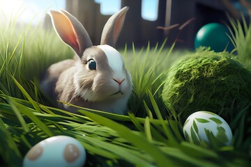 easter bunny and easter eggs in grass. Generative AI.
