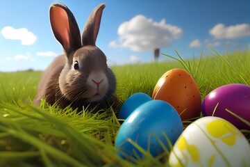 easter bunny and easter eggs in grass. Generative AI.