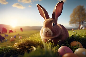 easter bunny and easter eggs in grass. Generative AI.