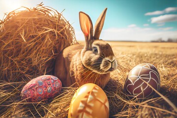 easter bunny and easter eggs. Generative AI. 