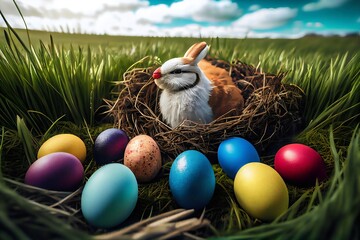 easter bunny and easter eggs in grass. Generative AI.