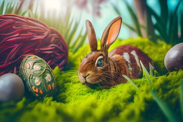easter bunny and easter eggs in grass. Generative AI.
