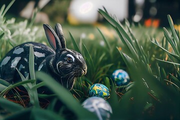 easter bunny and easter eggs in grass. Generative AI.
