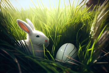 easter bunny and easter eggs in grass. Generative AI.