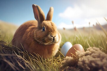 easter bunny and easter eggs in grass. Generative AI.