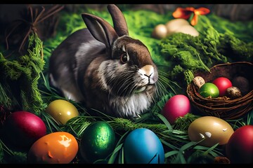 easter bunny and easter eggs in grass. Generative AI.