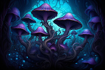 Teal and violet-hued mushrooms burst forth from a detailed background, their caps adorned with intricate fractal patterns.