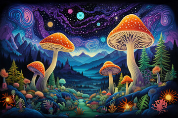 A surreal landscape unfolds, where detailed mushrooms with fluorescent caps emerge from a background adorned with celestial motifs.