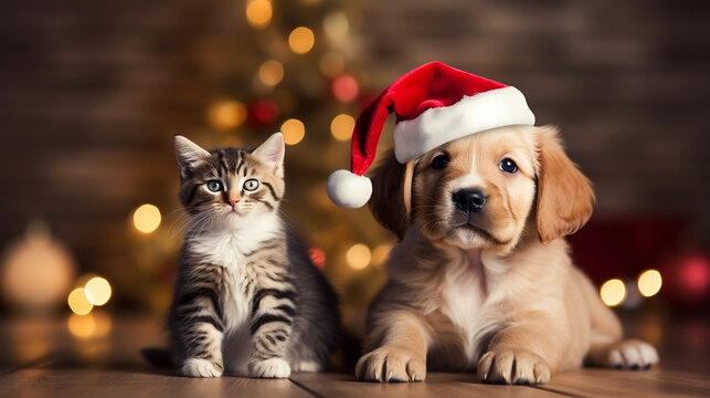 banner with cute puppy and kitten in christmas hat