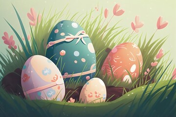 easter eggs in grass. Pastel color. Generative AI.