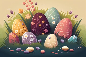 easter eggs in grass. Pastel color. Generative AI.