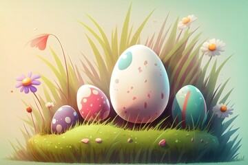 easter eggs in grass. Pastel color. Generative AI.
