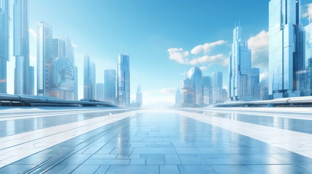 Futuristic City, Empty Street, Photo From Ground Level, Copy Space, 16:9