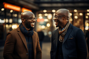 Dos hombres hablando y sonriendo