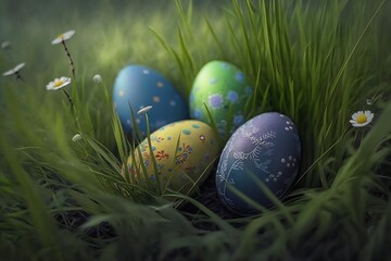 Colored easter egg in grass. Generative AI. 