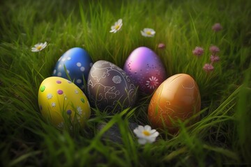 Colored easter egg in grass. Generative AI. 