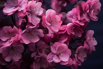  a bunch of pink flowers that are blooming in the dark night, with one blooming and the other blooming in the dark night.