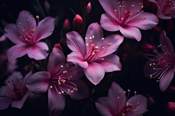  a bunch of pink flowers that are blooming on a black background in a close up view of the center of the flower.