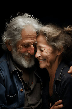 Hombre y mujer mayores abrazados y sonriendo