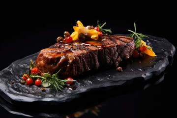  a piece of steak sitting on top of a slate slab of meat with vegetables and sauce on top of it.