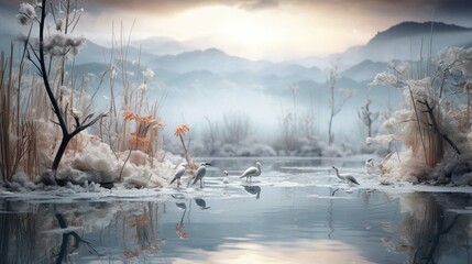 In the Bali Gallery Wetland in winter, the lake is frozen, and the migratory birds in the wetland dance on the lake