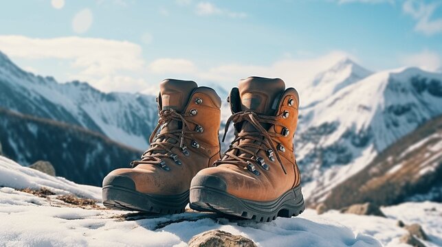 Hiking on snow, Pair of hiking boots on winter landscape