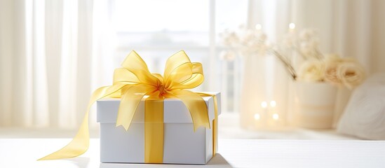 In a beautifully decorated white room with a faint glowing light, a ribbon-adorned gift box, isolated on a table, catches the eye with its vibrant yellow silk ribbon, adding a pop of color to the - obrazy, fototapety, plakaty