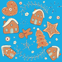 cute vector elements of festive gingerbread cookies hand drawing heart, houses, ginger man, star, floral ornament