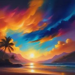 Tuinposter beautiful sunset over the sea beautiful sunset over the sea abstract painting with palm tree © Shubham