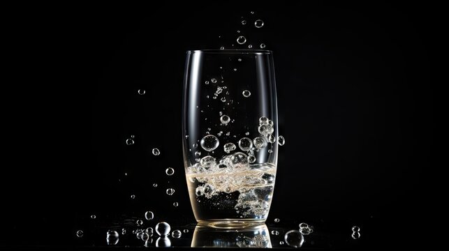  a glass filled with water and bubbles on a black background with a reflection of the glass in the bottom of the glass.