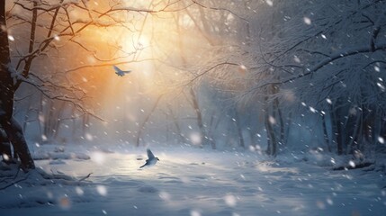 In the winter sunshine, snowflakes are falling, trees are covered with snow, and birds are singing happily on the branches.