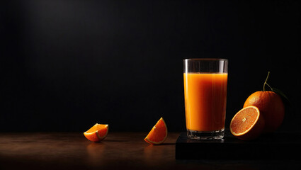  orange juice in black background with piece of orange, minimalist, background - obrazy, fototapety, plakaty