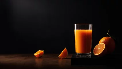 Foto op Plexiglas  orange juice in black background with piece of orange, minimalist, background © Orod