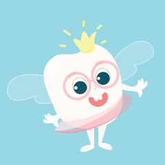 Tooth Fairy. A very cute tooth with wings, a crown and a magic wand. Illustration in children's style.