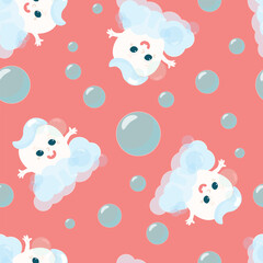 Seamless pattern healthy tooth in soap bubbles. Illustration in cartoon style.