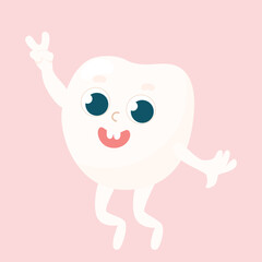 Little healthy baby tooth jumping and smiling big in cartoon style. Care and health of children's teeth.