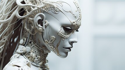 Surreal minimalism futuristic cyborg warrior in light white colors. 