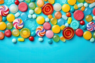 Fototapeta na wymiar a bunch of candies and lollipops laying on a blue surface with a white border around them.